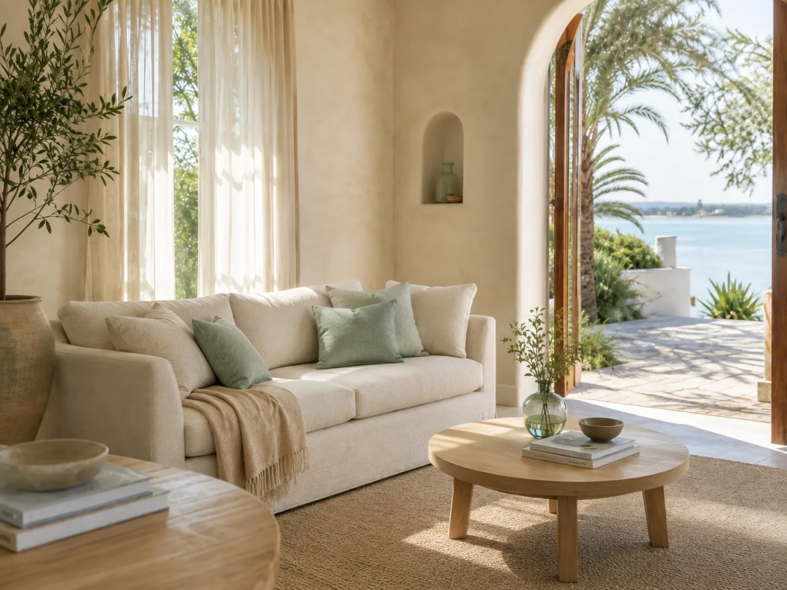 A linen couch with sage cushions in a bright coastal room, arched doors open to the sea