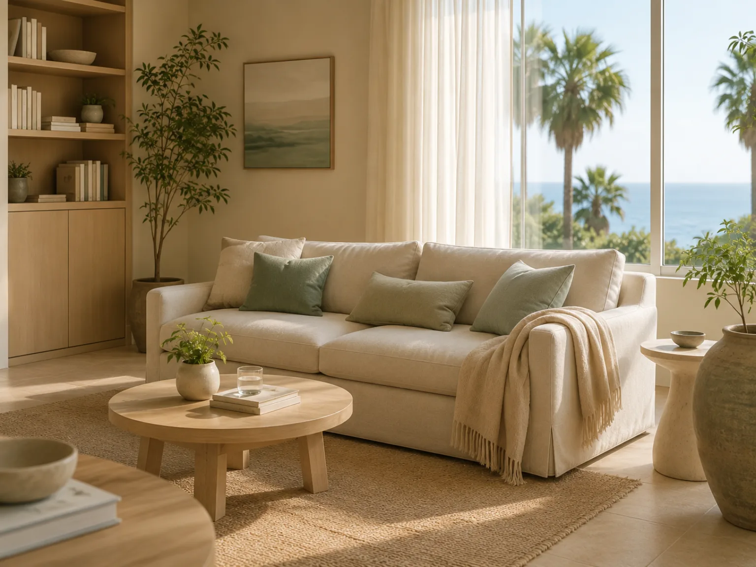 A linen couch with sage cushions in a therapist's sunlit room, bookshelves beside a window over palms and the sea