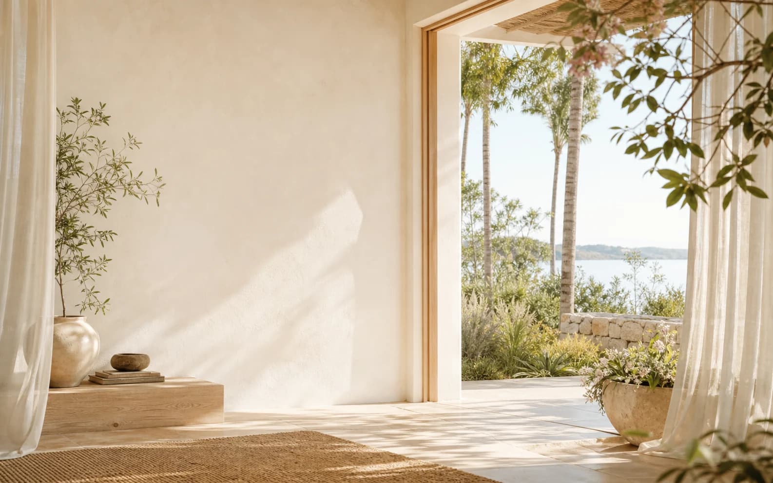 A sunlit, quiet room opening to palms, a garden, and still water